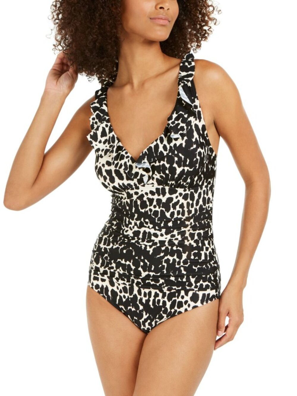 DKNY Womens Printed Ruffled Underwire Tummy Control One-Piece Swimsuit